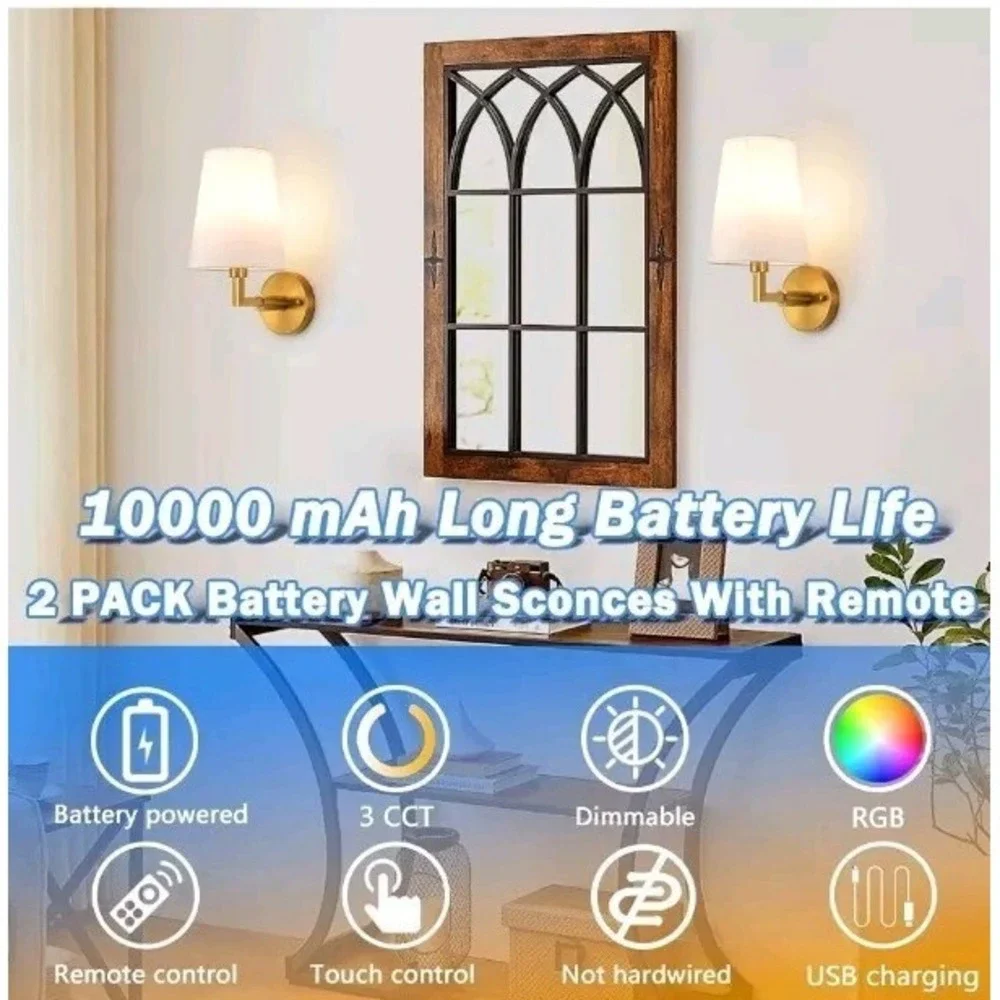 SLYWISE Battery Operated Wall Sconce, Wireless Wall Sconce Set of Two RGB Colors